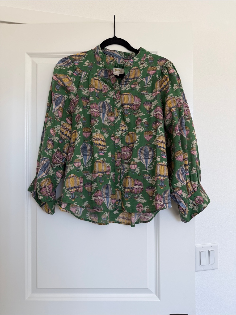 Anthropologie Green Hot Air Balloon Print Button-Front Blouse